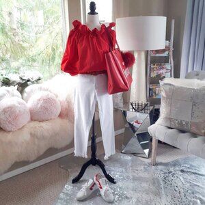 EUC Royalty For Me mid rise white stretch jeans w/ raw frayed fringe hem, 6